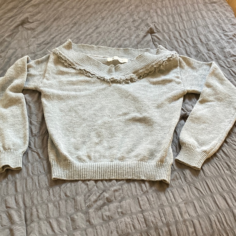 The Impeccable Pig Off-the-Shoulder Light Gray Frayed Trim Sweater